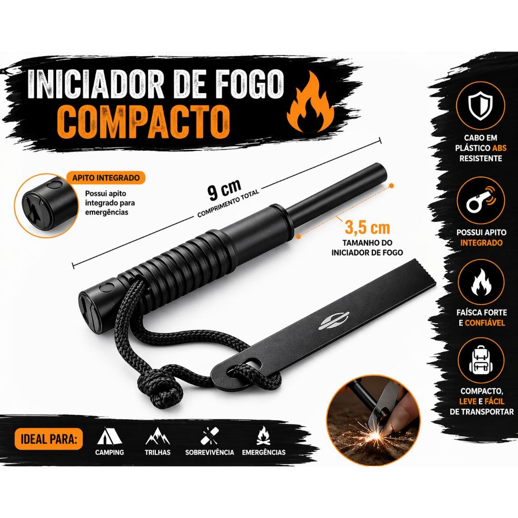 PEDERNEIRA INICIADOR DE FOGO MORMAII FIREX IDEAL SOBREVIVÊNCIA CAÇA CAMPING PESCA