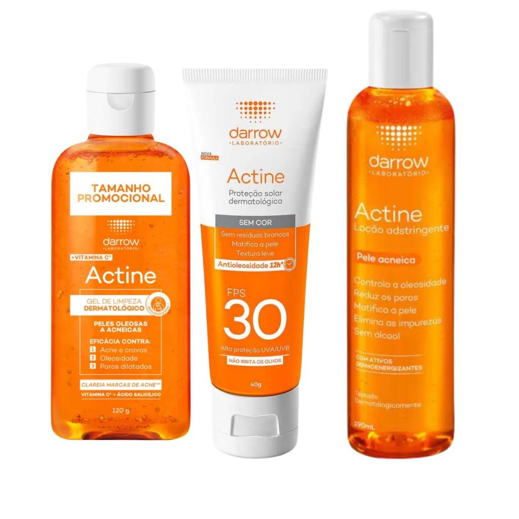 Kit Darrow Actine Antiacne Gel de Limpeza 120g + Loção Adstringente 190ml + Protetor Solar FPS30 40g