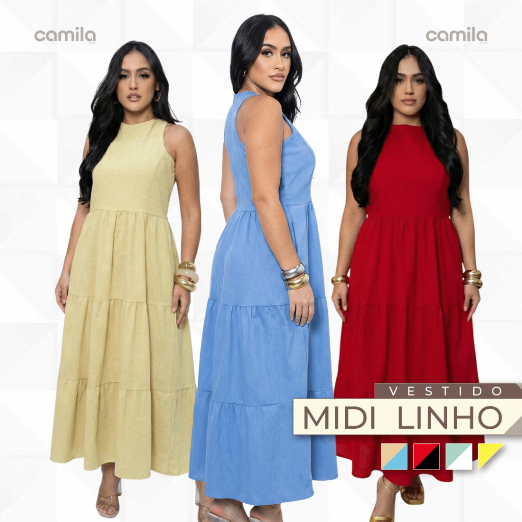 Vestido Midi Linho Feminino Elegante Casual Alfaiataria Bolsos Laterais Atemporal