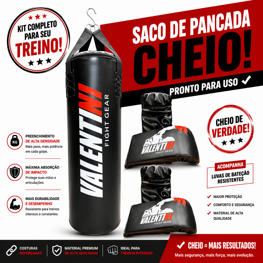 Saco de Pancada VALENTINI 70 cm CHEIO - Treino Boxe Muay Thai  + 2 PAR DE LUVA BATE SACO