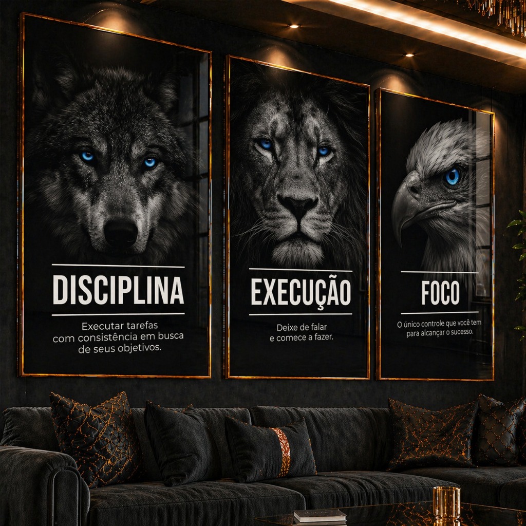 Kit 3 Quadros Decorativos Motivacional Disciplina Execução Foco Lobo Leão Águia Escritório Sala