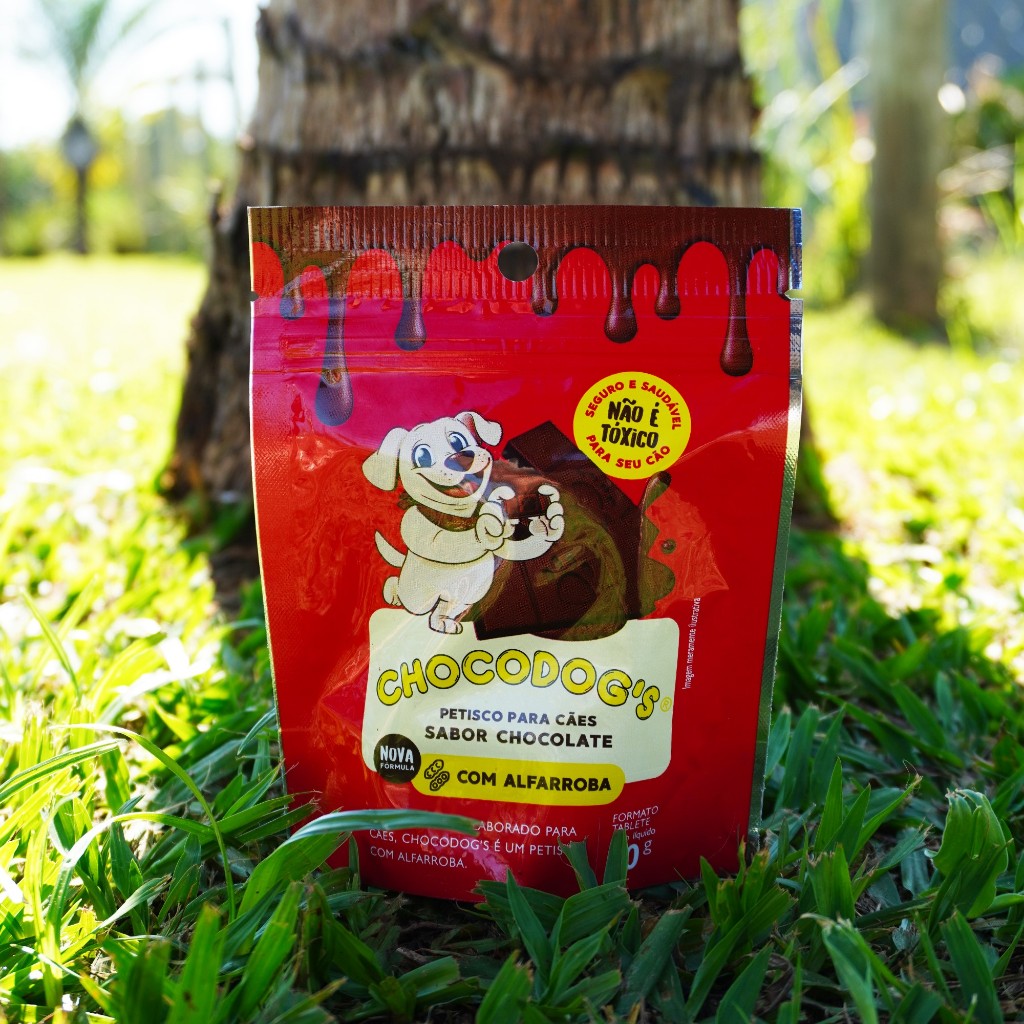 Petisco sabor chocolate pra cachorro; cães; dogs; Sachê formato Tablete 50g; Sobremesa Pet; Não tóxico