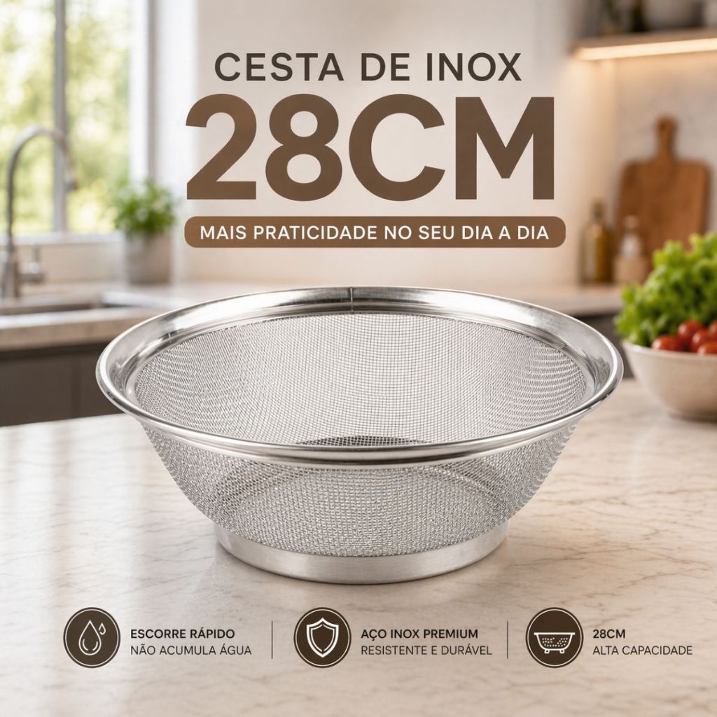 Cesta em Aço Inox 28 cm Escorredor Peneira de Arroz e Macarrão  cozinha Linha Premium  Resistente