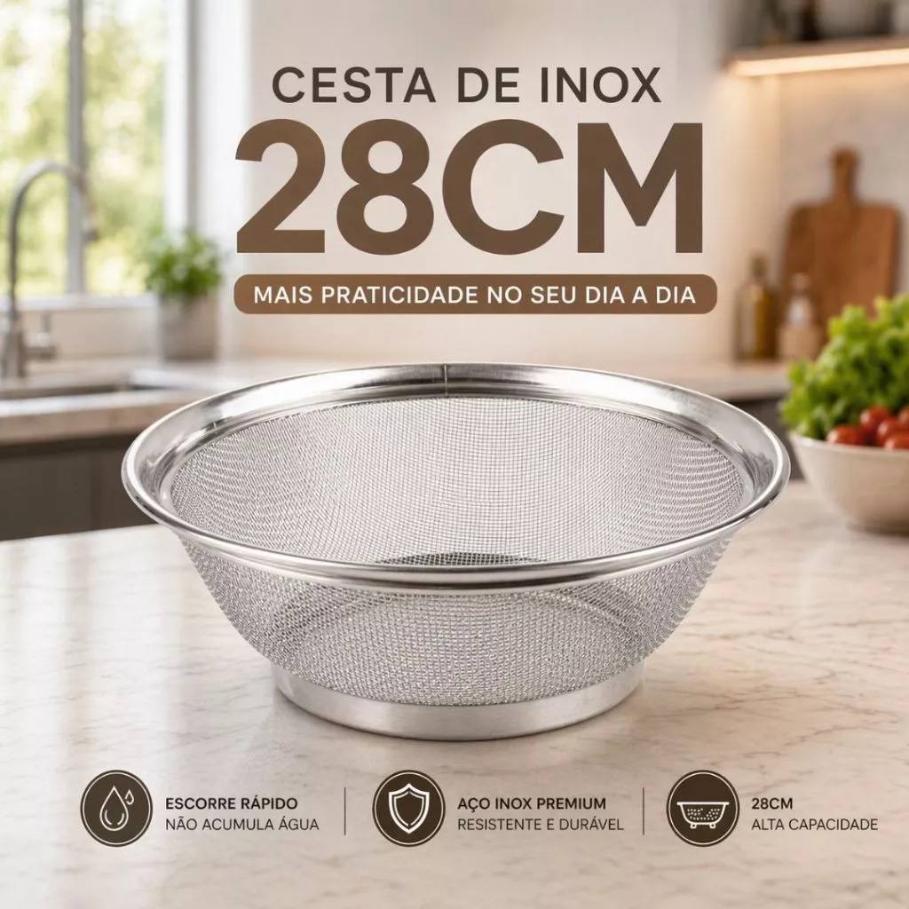 Cesta em Aço Inox 28 cm Escorredor Peneira de Arroz e Macarrão  cozinha Linha Premium  Resistente — imagem 1