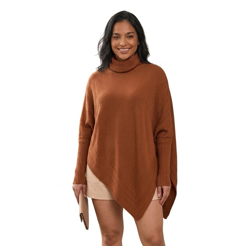 Poncho tricot feminina detalhe Triangulo Gola Alta  Inverno