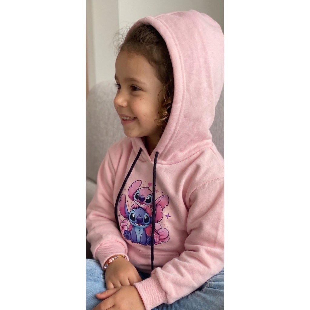 Moletom Infantil Juvenil menina Lilo Angel Canguru Bolso frontal Capuz moleton Inverno jaqueta Flanelado blusa de frio.