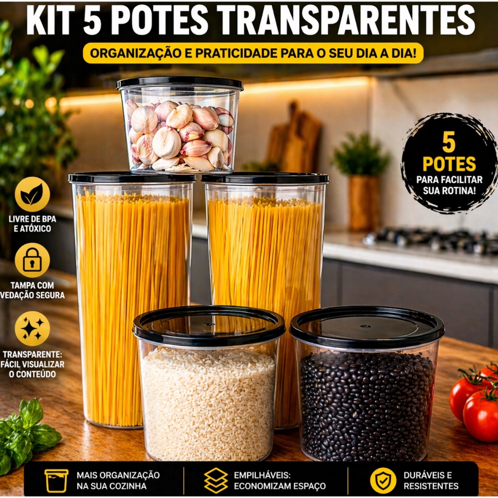Kit 5 Potes Porta Mantimentos Plástico Transparente Redondo Organizador jogo armazenamento