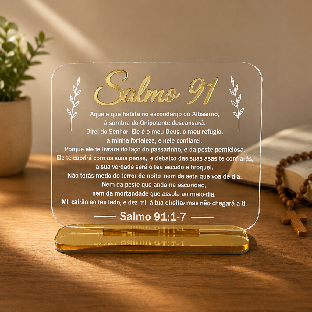 Placa de Mesa Oração Salmo 91 Decoração em Acrílico Proteção Igreja 17x14cm