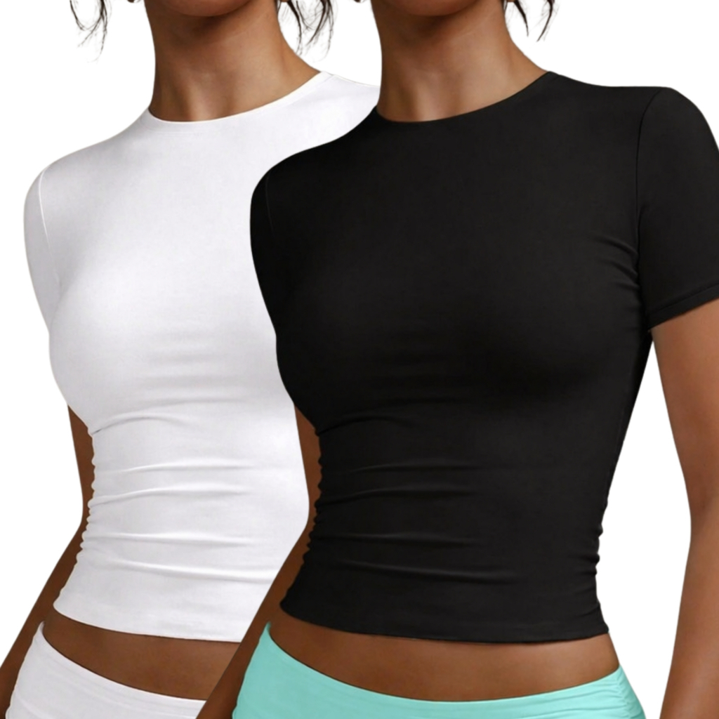 Kit 2 Blusa Baby Tee Feminina Blusa Slim Fit Manga Curta Camiseta de Compressão Baby Look