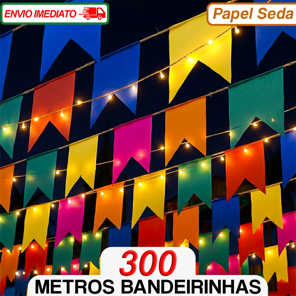 Kit 300 Metros Bandeirinhas de Festa Junina Seda Decoração Julina São João Quermesse Arraia
