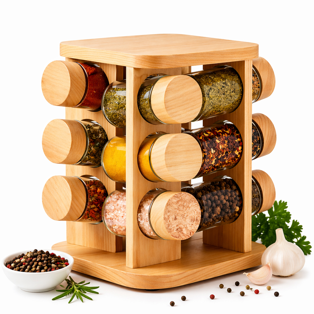 Lindo Porta Temperos Giratório 12 Potes Vidro Bambu Organizador Gourmet | Rack Condimentos Cozinha Decora Fácil Prático