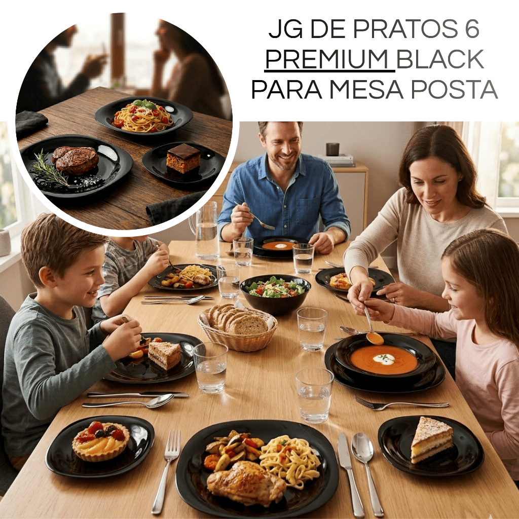 Kit Jogo Aparelho 6 Pratos Opal Jantar Fundo Sobremesa Luminarc Linha Carine Black Luxo Sofisticado