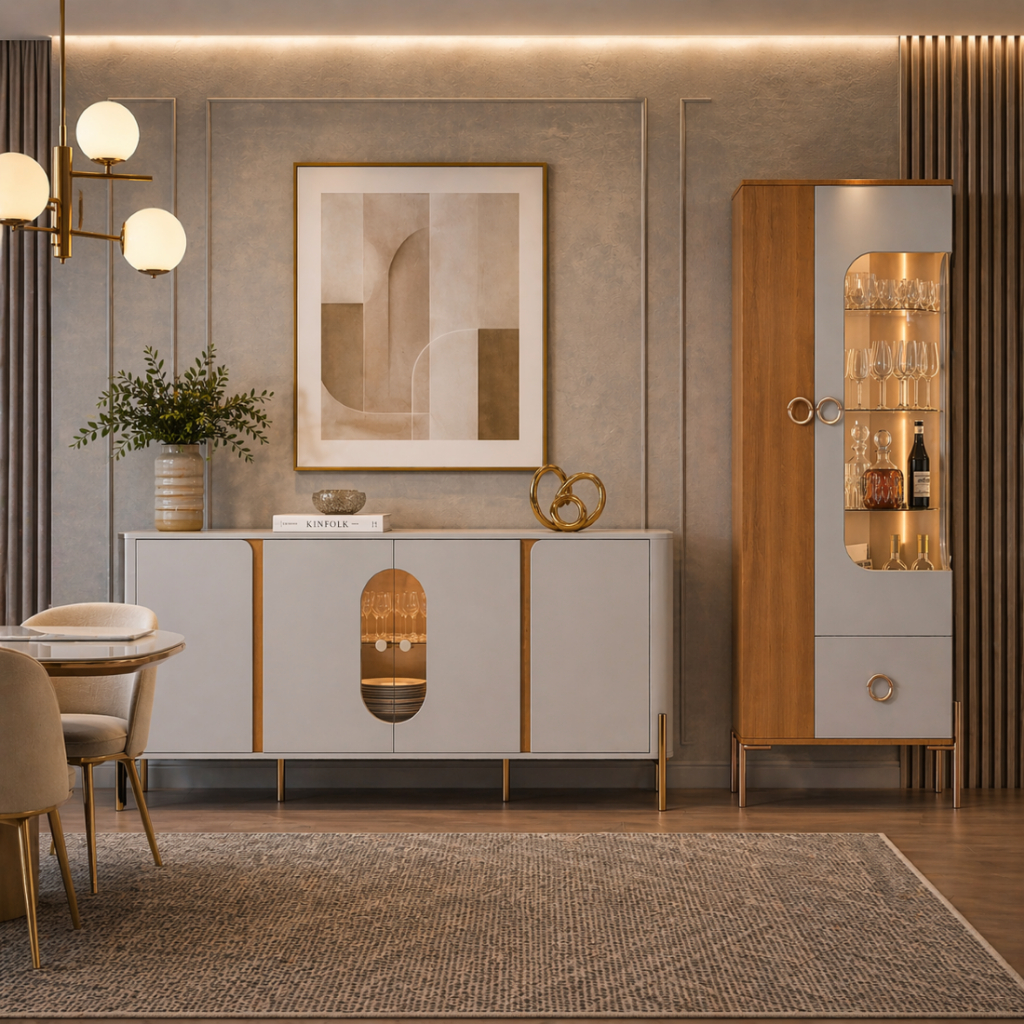 Cristaleira E Aparador Buffet MDF Portas Vidro LED Embutido Sala Jantar Buffet Hall Louças Taças