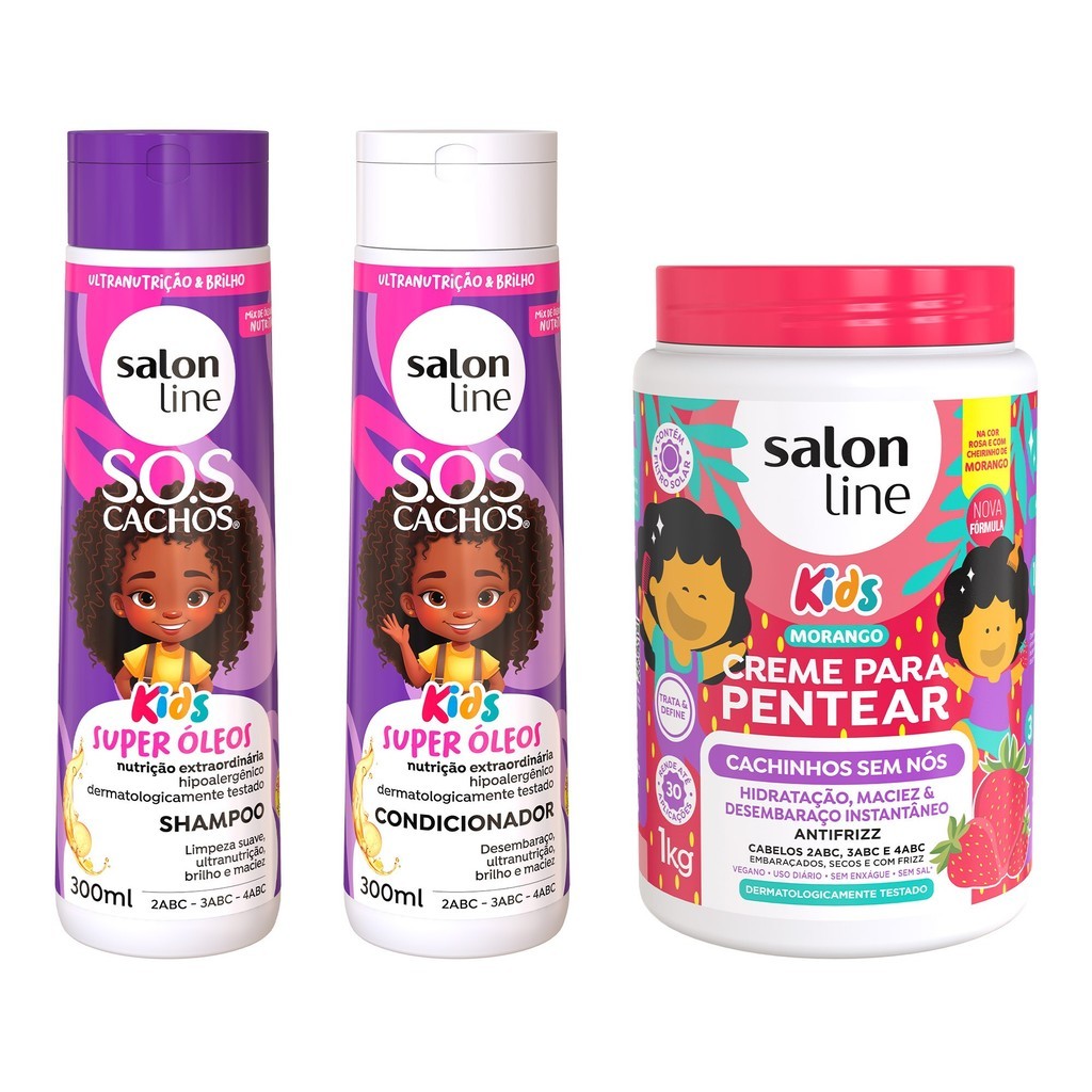 Kit Hidratação e Antinós Kids com Shampoo e Condicionador SOS Cachos + Creme para Pentear