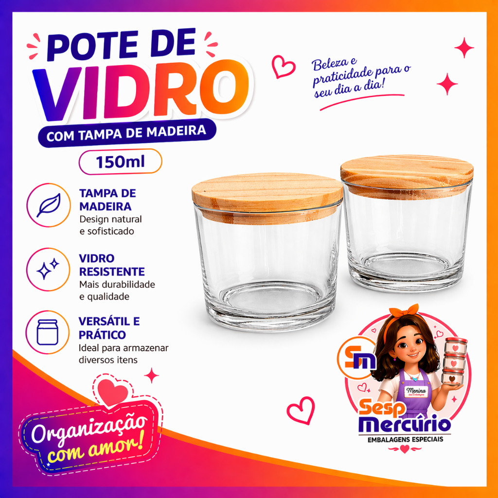 Kit Potes de Vidro para Velas 150ml com Tampas Madeira Pote para Vela Lembrancinha Nadir Figueiredo