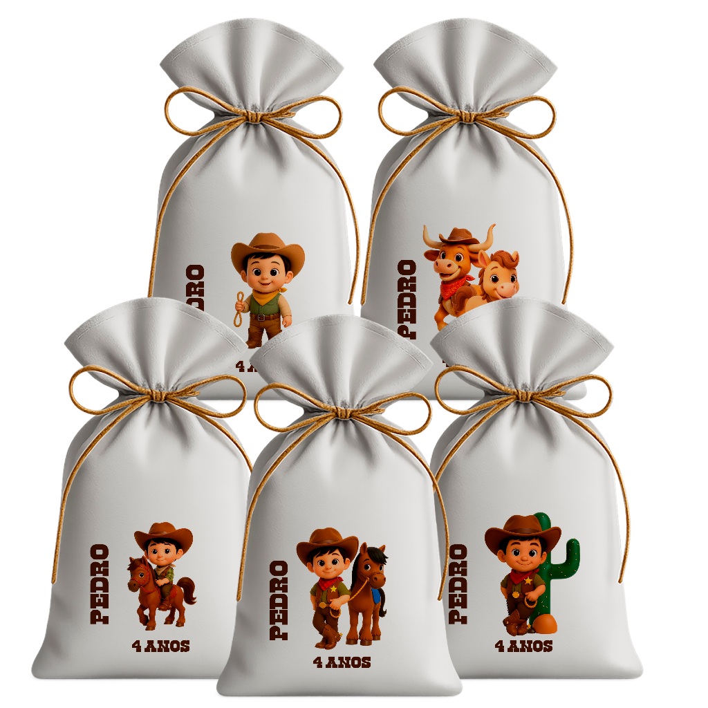 15 Saquinhos Sacolinha Lembrancinha Festa Aniversário Infantil Tecido Personalizado Cowboy Sortidos