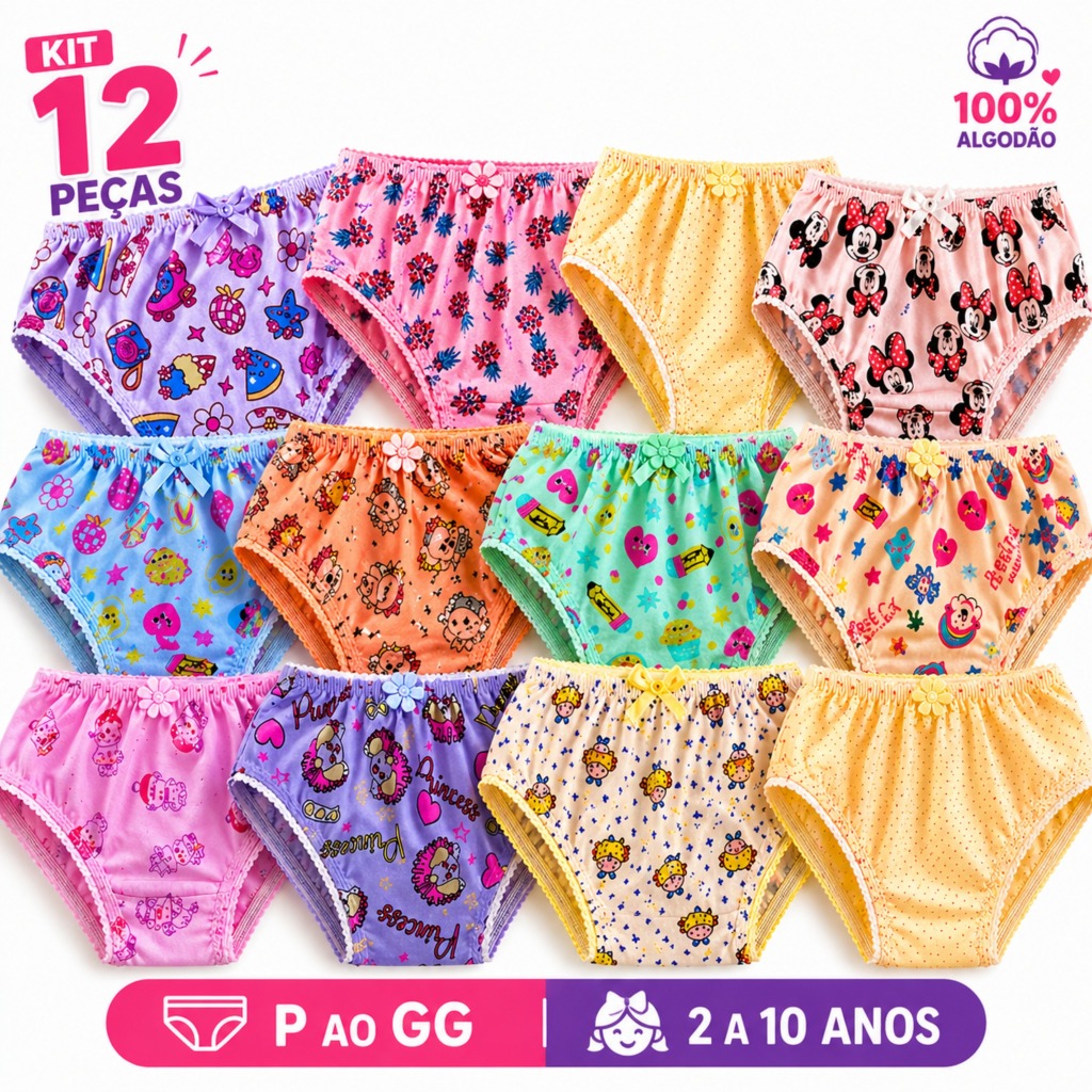 Kit 12 Calcinha Infantil Menina Calcinha Tanga Algodão calcinha Elastano Confortável Estampadas Cores