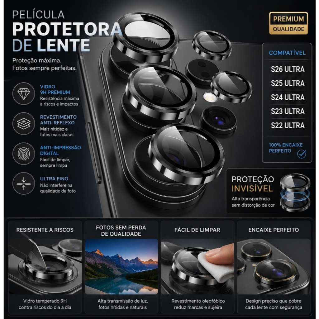 Kit 5pc Películas Lente P/Samsung Galaxy S26 ULTRA/S22 ULTRA/S23 ULTRA/S24 ULTRA/S25 ULTRA Câmera Proteção