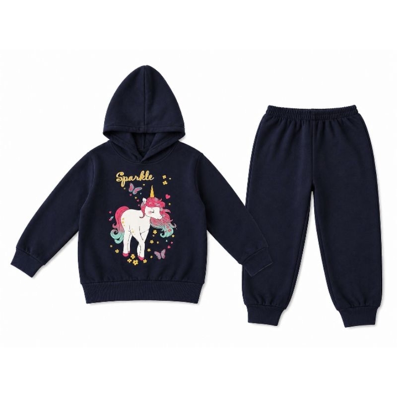 Conjunto Infantil Feminino Moletom com Capuz + Calça Estampa Unicórnio Sparkle | Roupa Confortável Menina Inverno