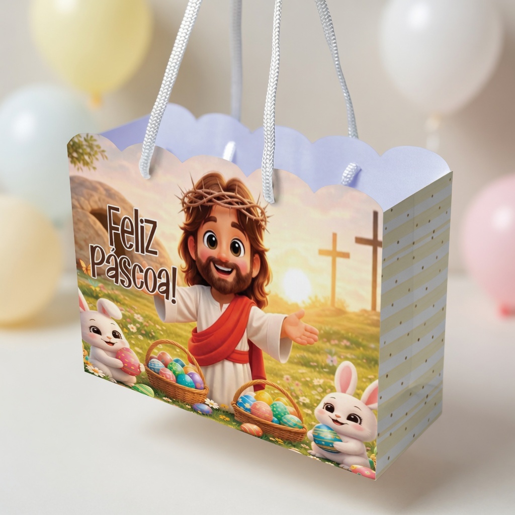 Sacola Personalizada Páscoa Jesus | Sacolinha Personalizada | Kit com Alça e Pegue e Monte | Lembrancinha Festa Infantil