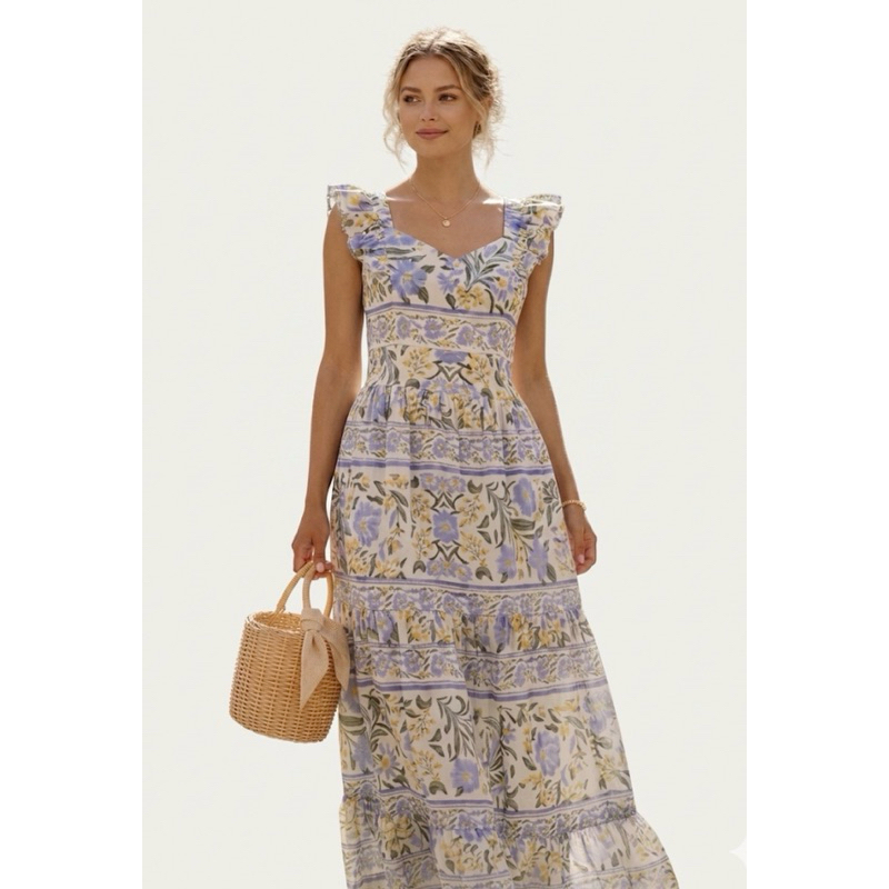 Vestido Longo Floral, Com Detalhe de Babado Nas Alças e Elastex nas Costas