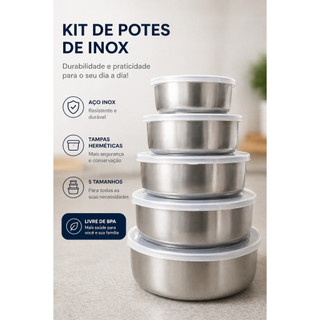 ✨ Kit 5 Potes Herméticos Redondos Tampa Inox Alta Vedação Forte