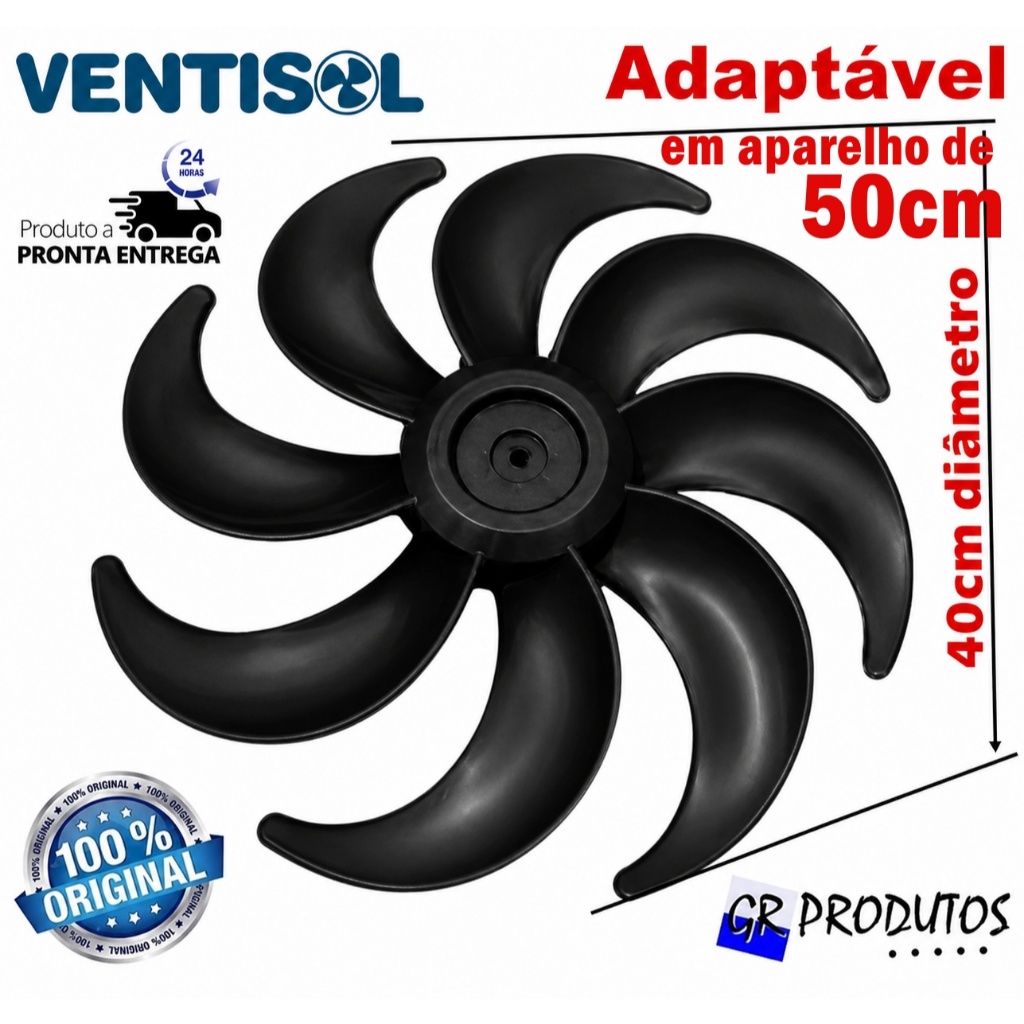 Hélice Adaptável para Ventilador Ventisol 50 cm 8 pás Preto Original Eixo Redondo 8mm