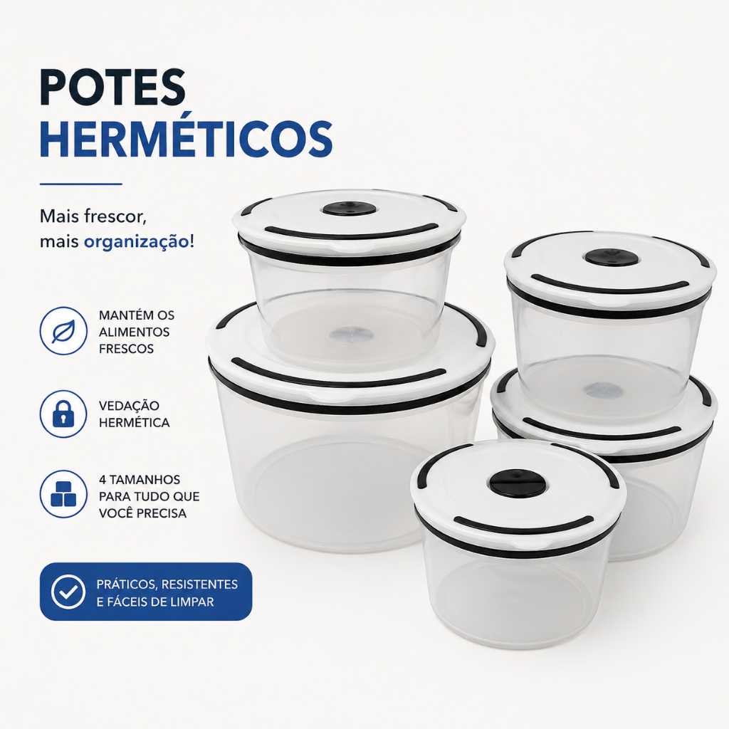 💎 Conjunto Cinco Potes Plastico Hermetico Tampa Vedacao Armazenamento Cozinha Organizador