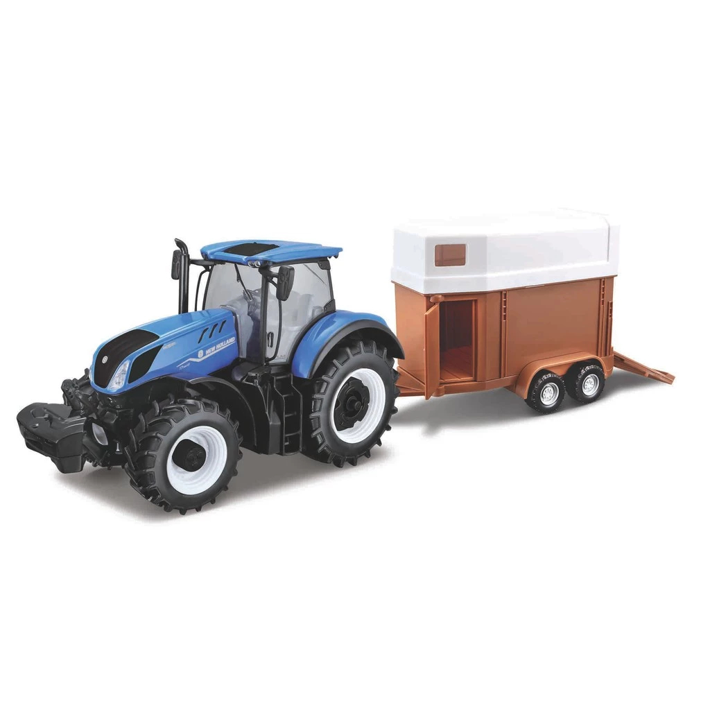 Miniatura Bburago Trator New Holland T7.315 Com Trailer De Cavalos Escala 1:32
