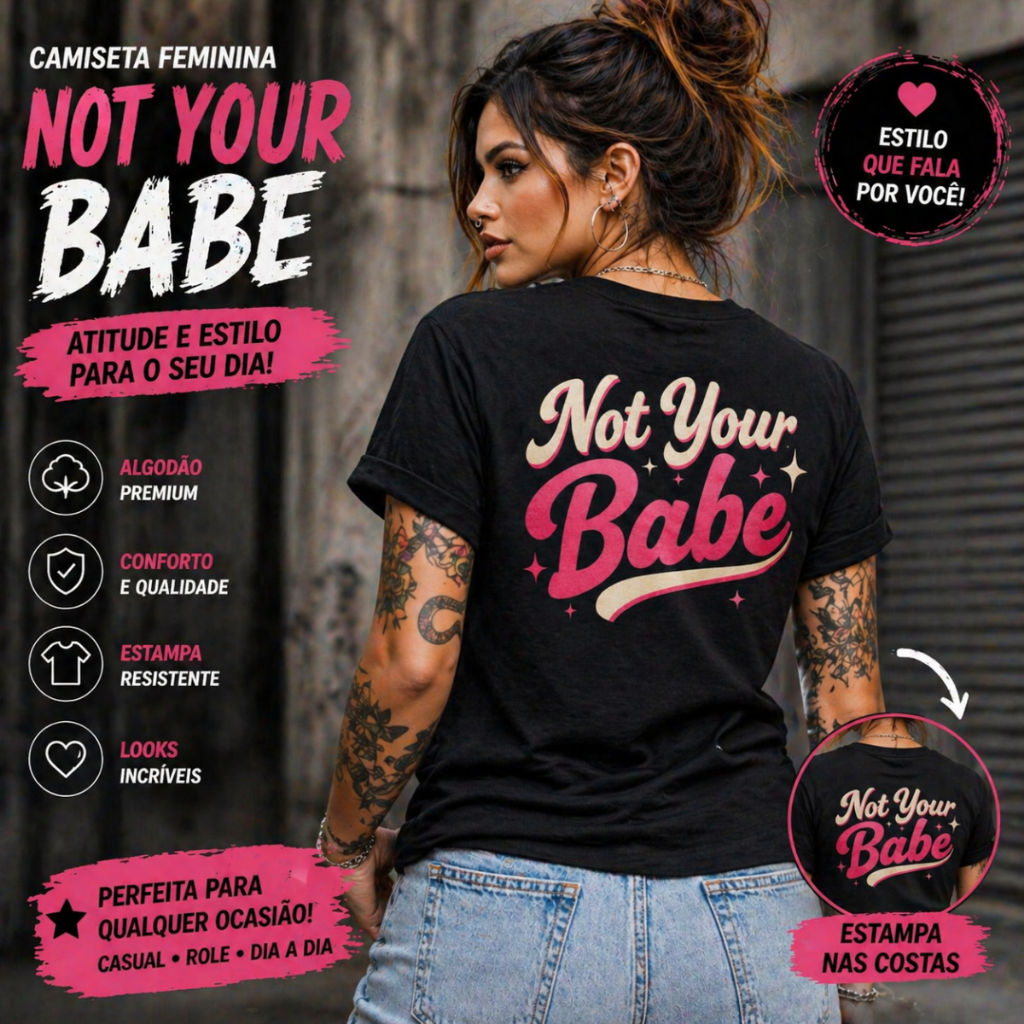 Camiseta Feminina Not Your Babe Costas Estampada | Camiseta Branca Algodão Estilo Feminina Atitude