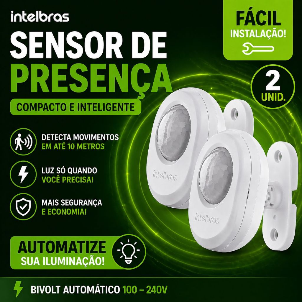 Kit 2 Interruptor Sensor Presença Iluminação para Parede ou Teto Espi 360a Intelbras V10 Shop