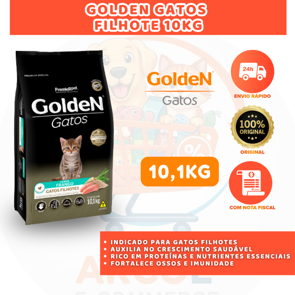 RAÇÃO GOLDEN GATOS FILHOTE 10,1KG PREMIUM ESPECIAL PARA CRESCIMENTO E DESENVOLVIMENTO