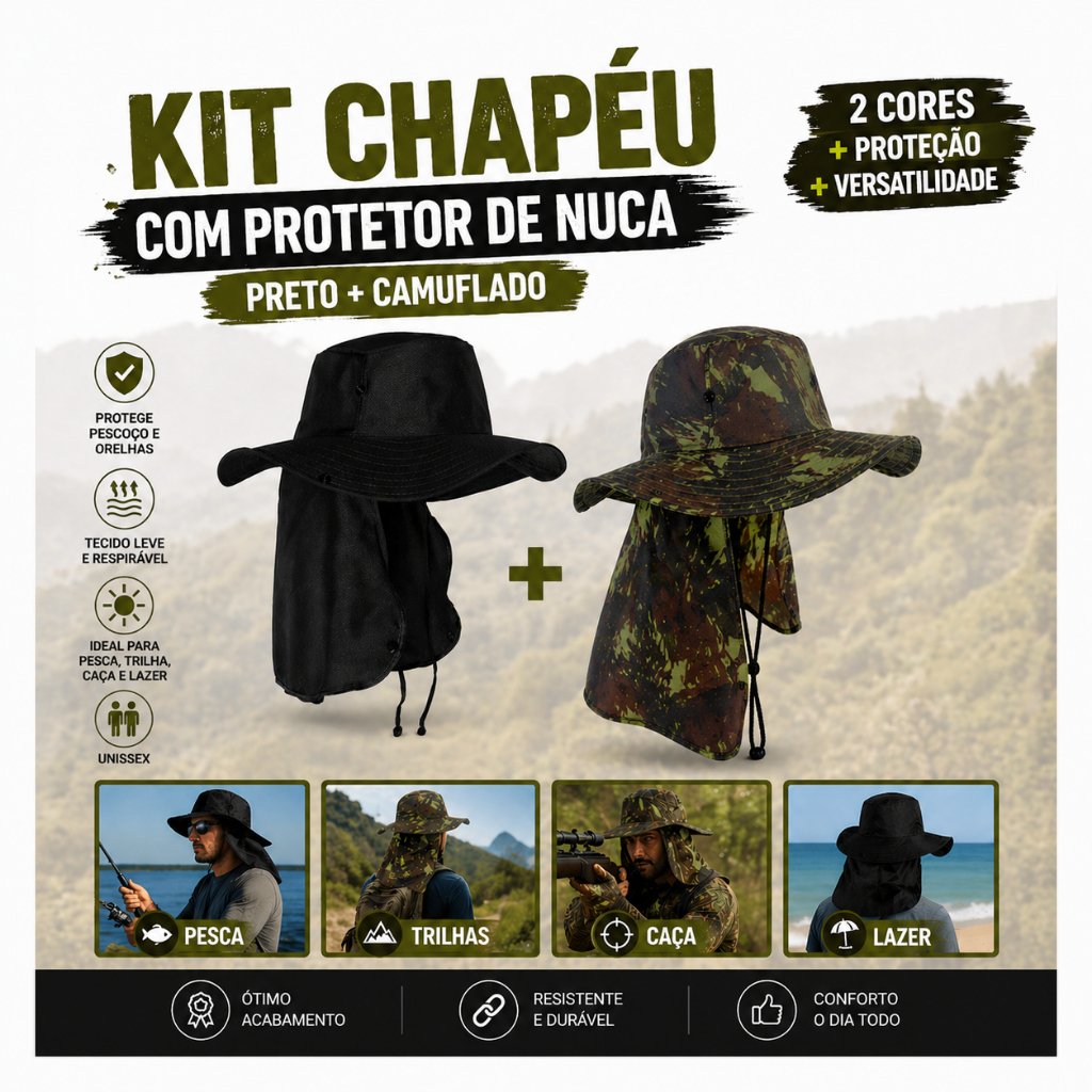 Chapéu com Protetor de Pescoço e Aba Larga – Proteção Solar Estilo Australiano para Pesca e Trilhas