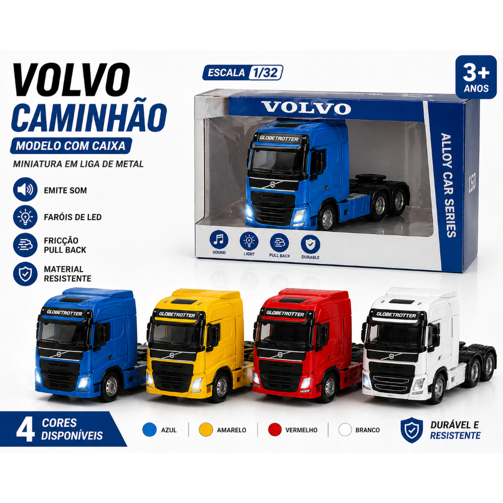 Miniatura Caminhonete c/Caixa Som Luz Volvo Trucado FH16 Globetrotter Caminhão Escala 1:32  Fricção