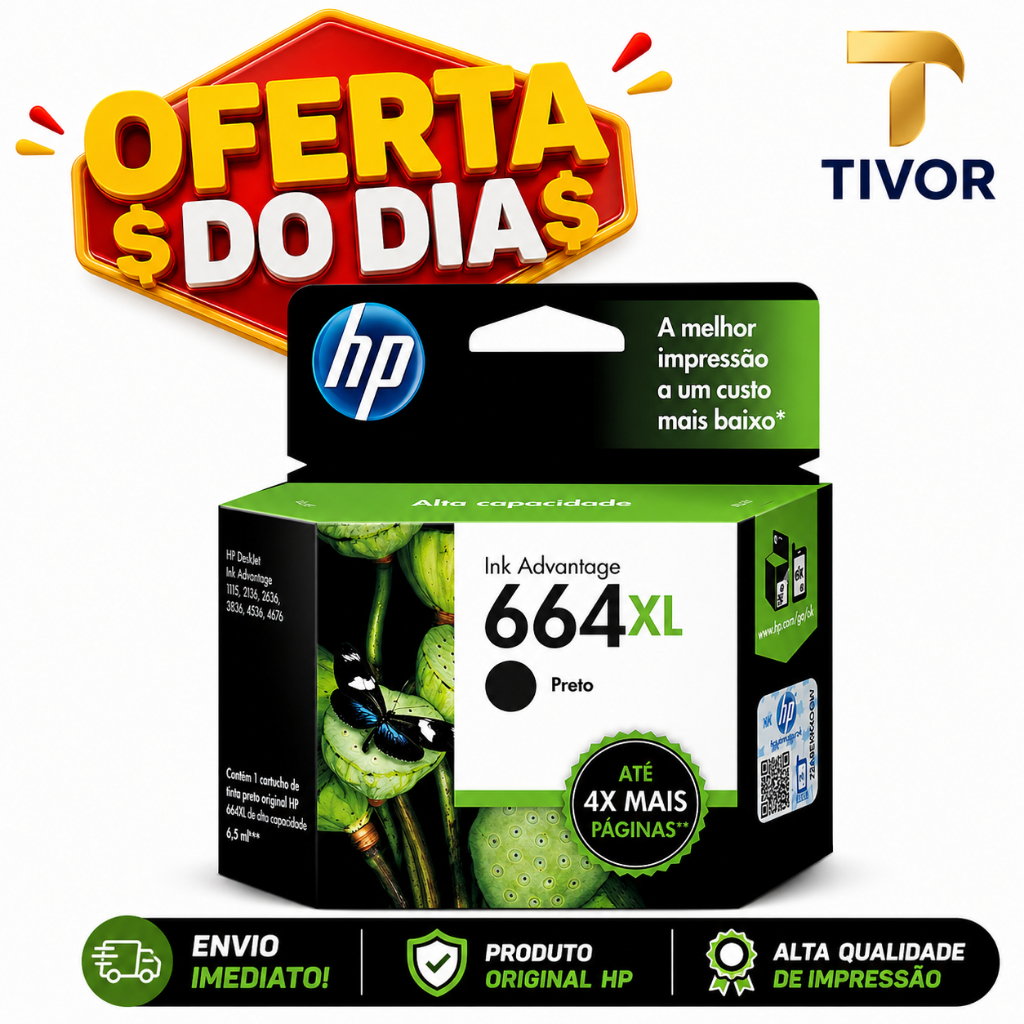 Cartucho 664XL Preto Original  Para Impressoras Compativél Hp Deskjet LaserJet (F6V31AB) - 2136, 2676 Tinta Preta