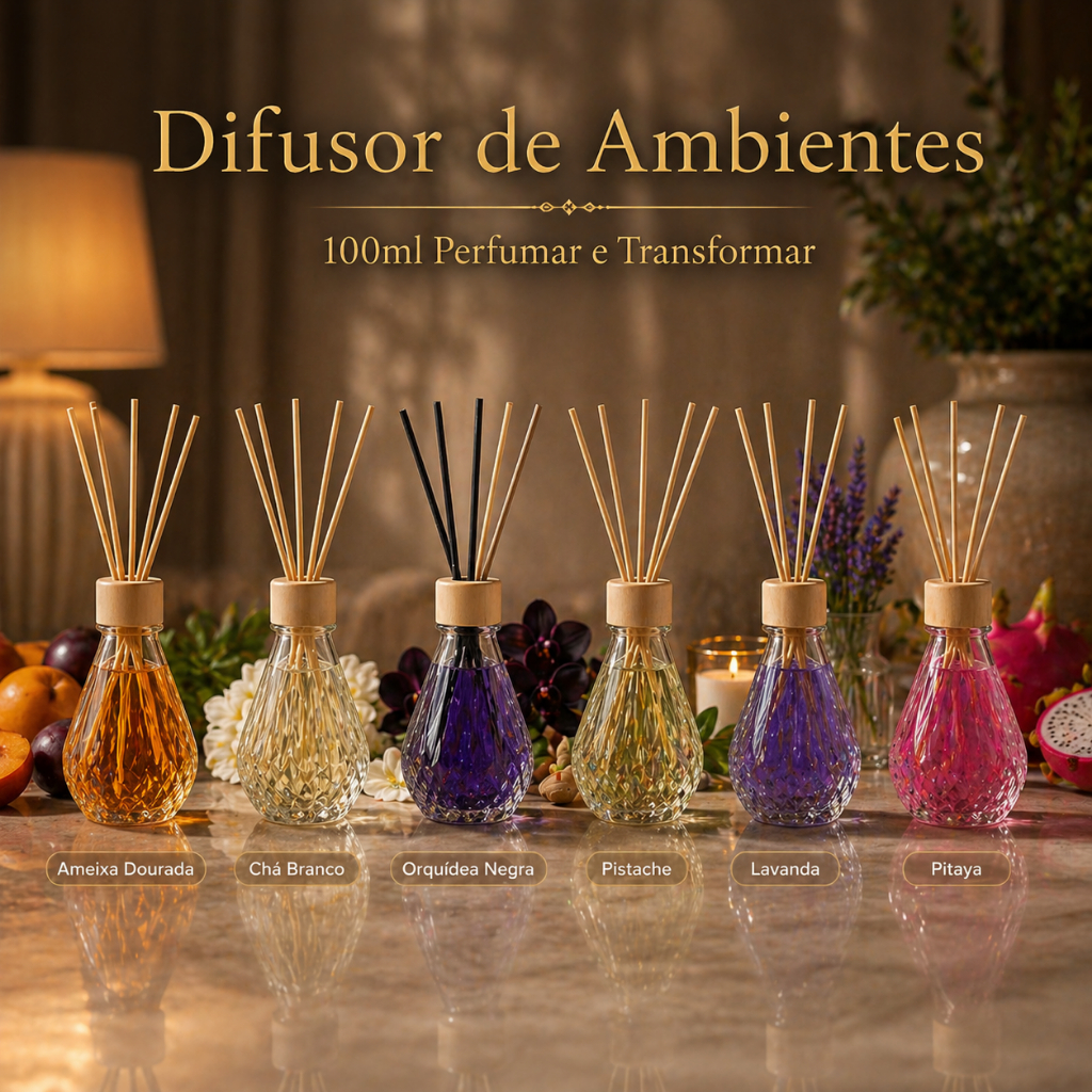 Difusor de Ambientes 100ml Ameixa Dourada Chá Branco Orquídea Negra Pistache Lavanda Pitaya