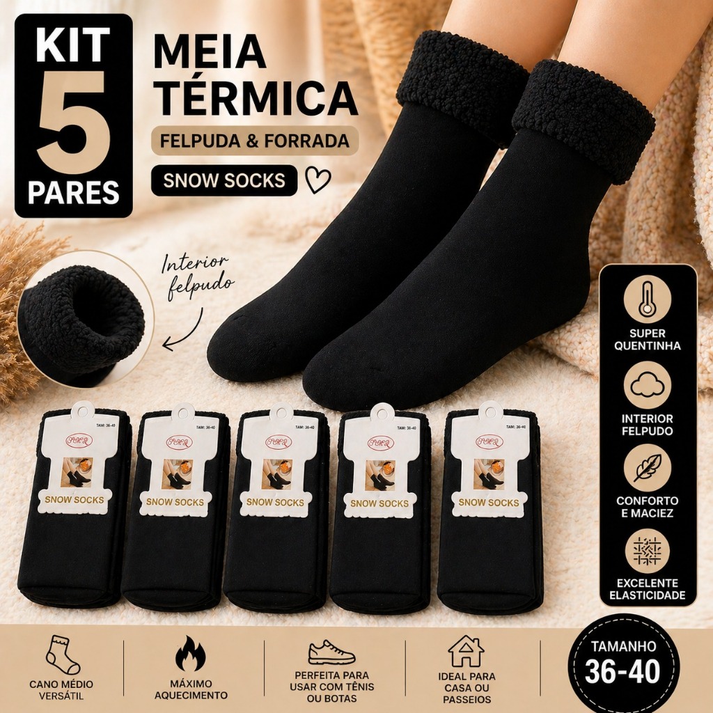 Kit 5 Pares Meia Térmica Preta Feminina Felpuda Forrada Snow Socks Inverno