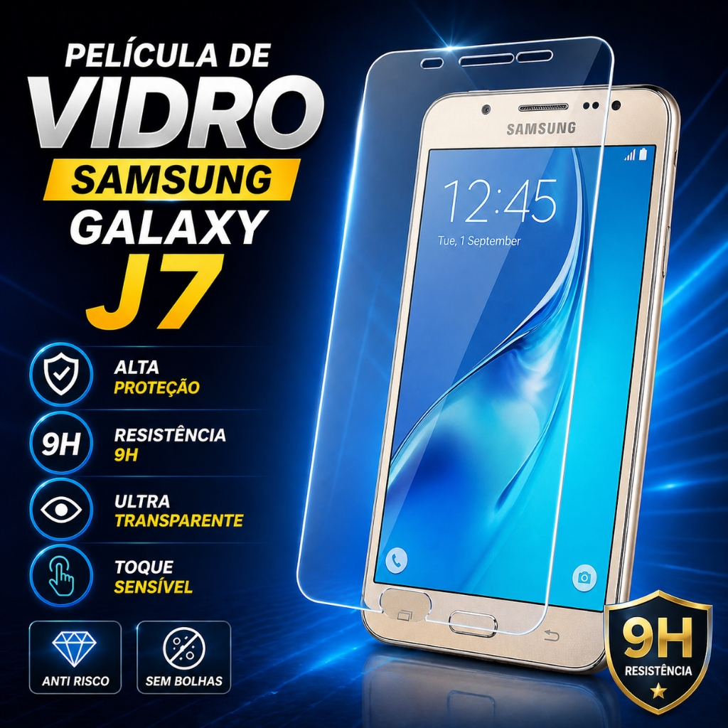 🔥 Película Vidro Temperado Transparente 9H Samsung Galaxy J7 Antigo J700 - Proteção Invisível + Toque Original