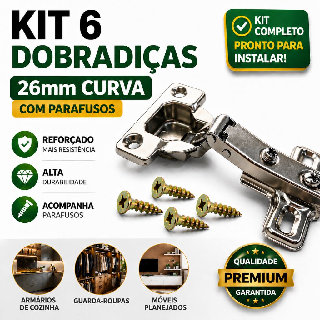 Kit 6 Dobradiça 26mm Curva Armário Porta Móveis Cozinha Guarda Roupa Com Parafuso