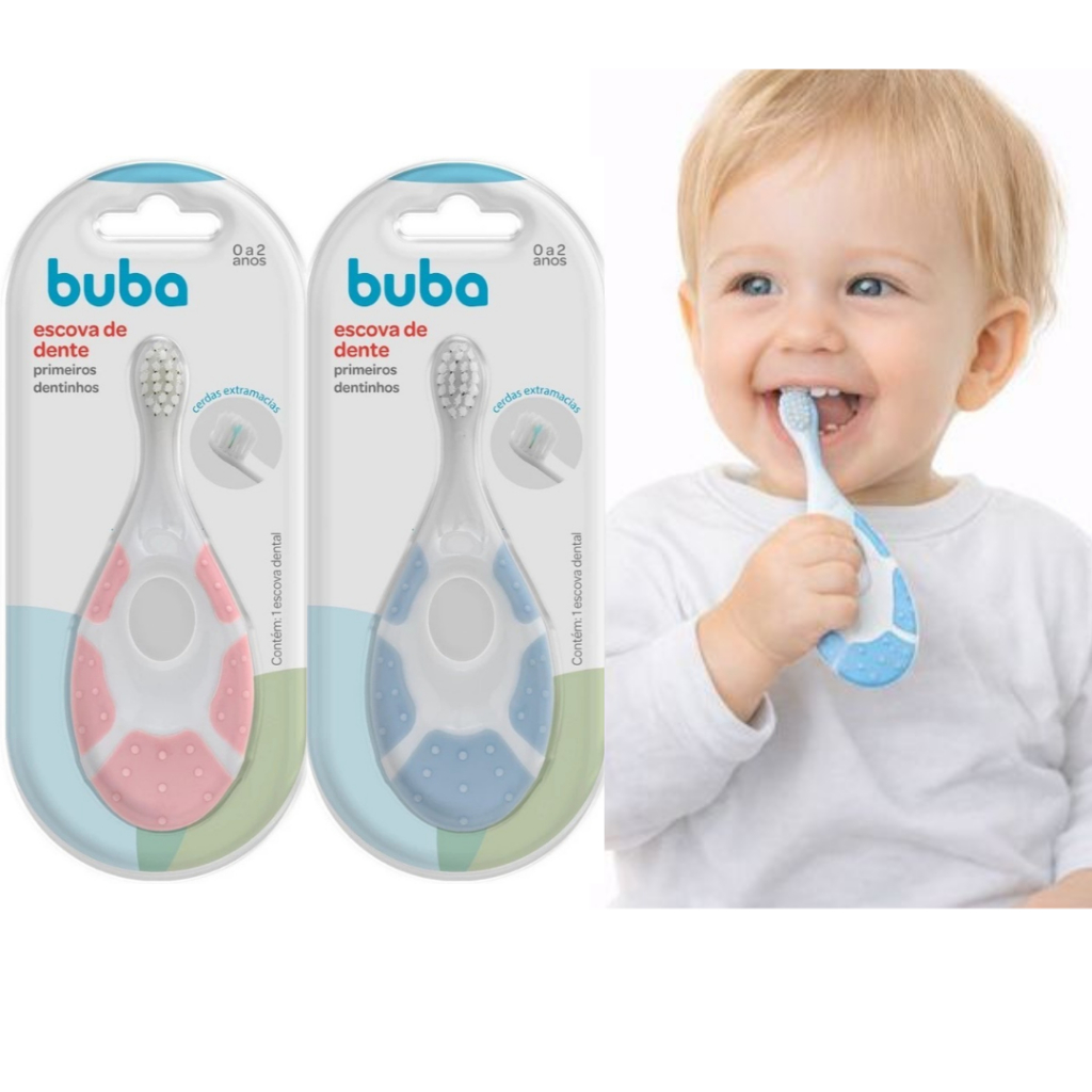 Escova De Dente Bebê Buba Higiene Bucal Infantil Primeiros Dentinhos Azul Rosa