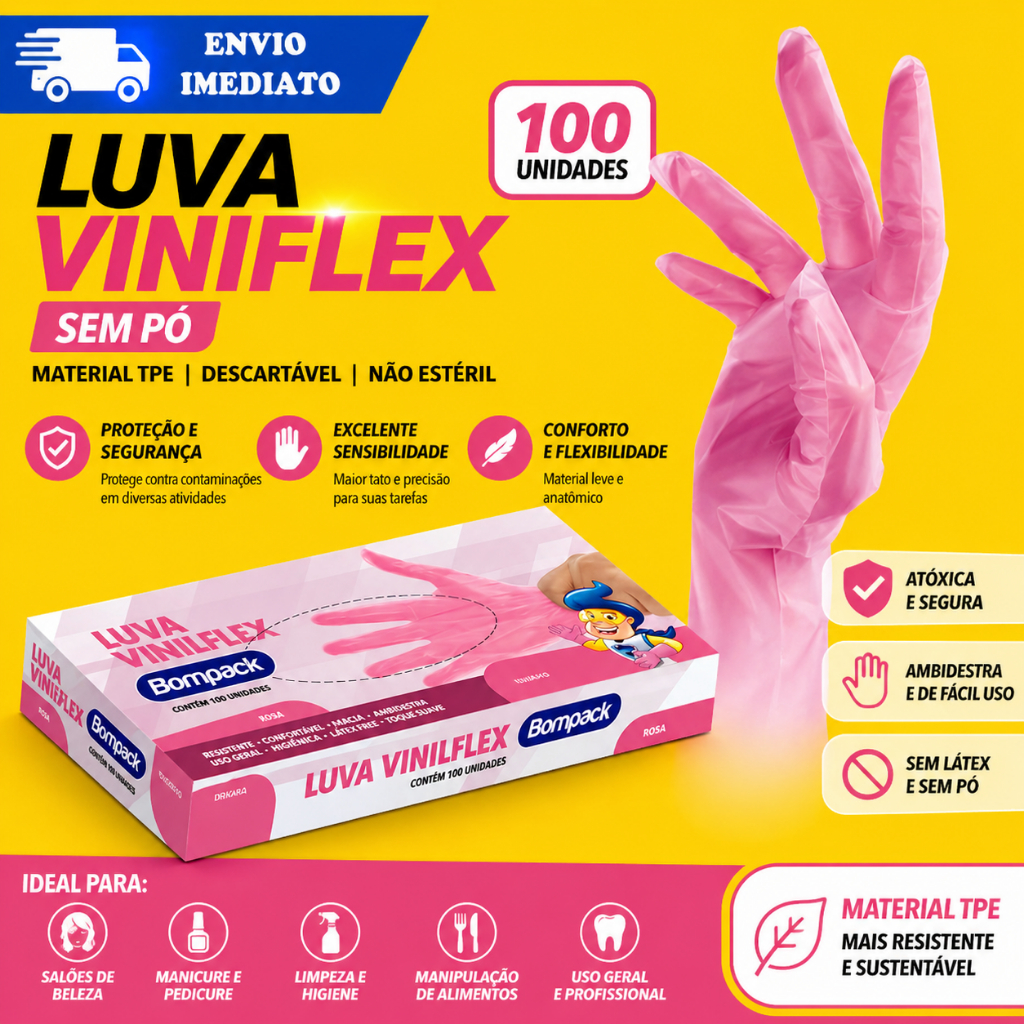 LUVA ROSA DESCARTÁVEL VINILFLEX SEM PÓ BOMPACK - C/100
