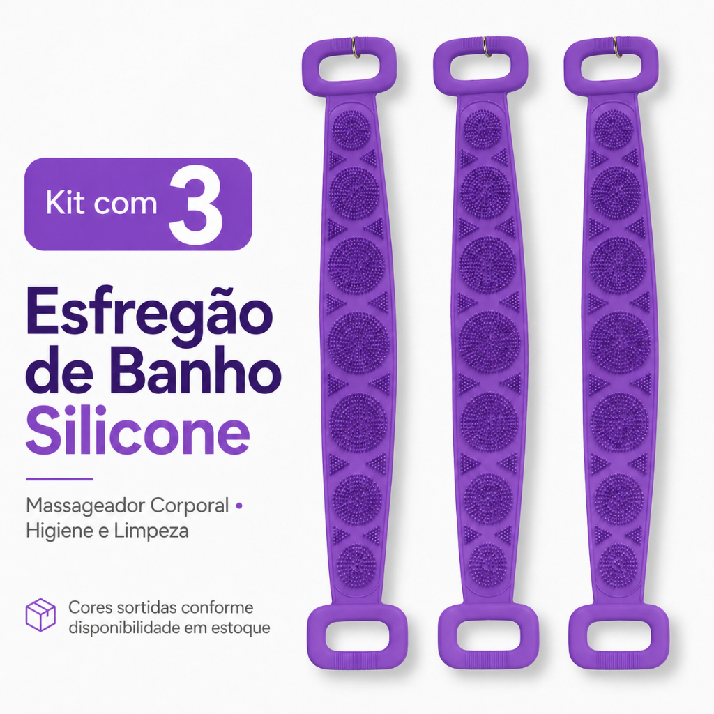 Kit 3 Esfregão Banho Silicone Esponja Massageador Corporal Lava Bucha Higiene e Limpeza