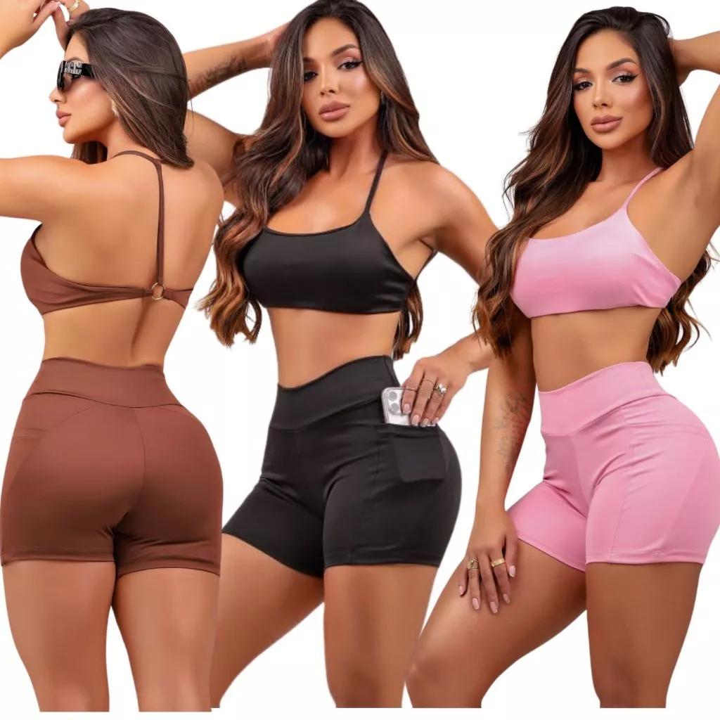 KIT 3 Conjunto fitness feminino ] shorts possui bolso lateral ideal para guardar pequenos objetos como celular chave — imagem 1