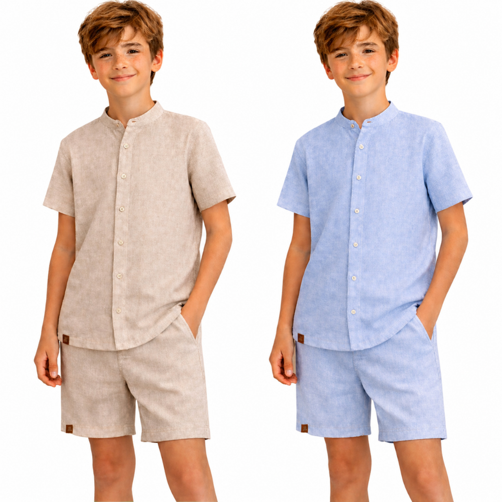 Conjunto Infantil Linho Camisa e Short Menino Gola Padre e Polo - 2 Peças 2 a 16 Anos