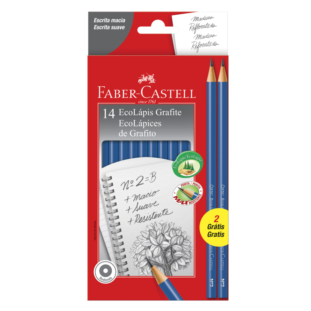 Lápis Faber-Castell Preto Redondo Nº2HB EcoLápis, 14 Lápis Kit 12 + 2 Grátis Kit Escolar Universitário Aula
