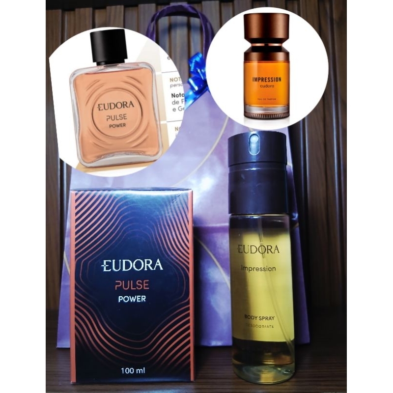kit Combo 01 Perfume Colônia Masculino Pulse Power 100ml 01 Body Splash Impression 100ml Eudora Vegano.