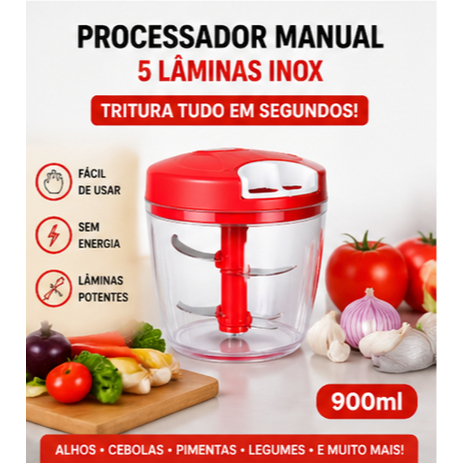 Processador Manual 900ml 5 Lâminas Inox Triturador de Alimentos Cozinha Rápido