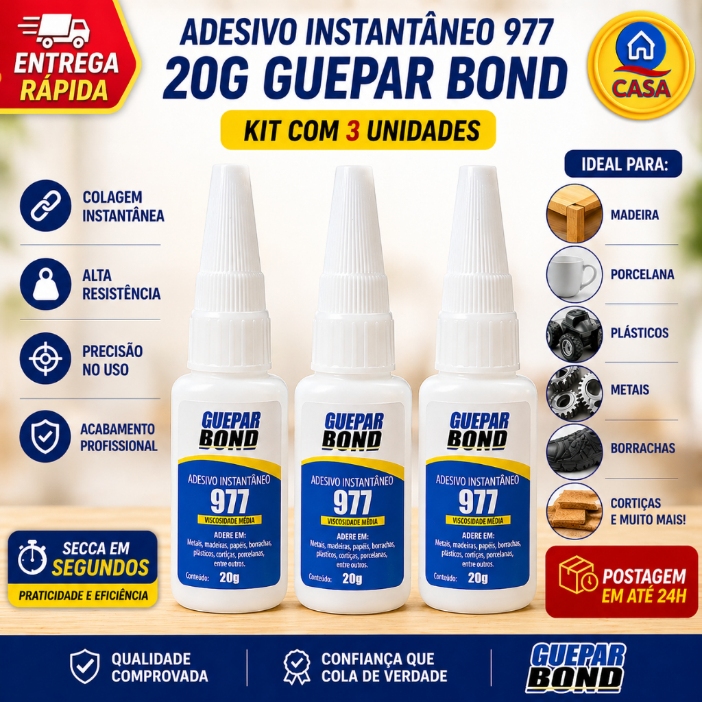 Kit 3x Cola Instantânea Guepar Bond 977 20g – Adesivo Super Forte Secagem Rápida Multiuso