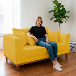 Sofá Sala de Estar 02 Lugares Beny Suede Amarelo Madeira Estofados