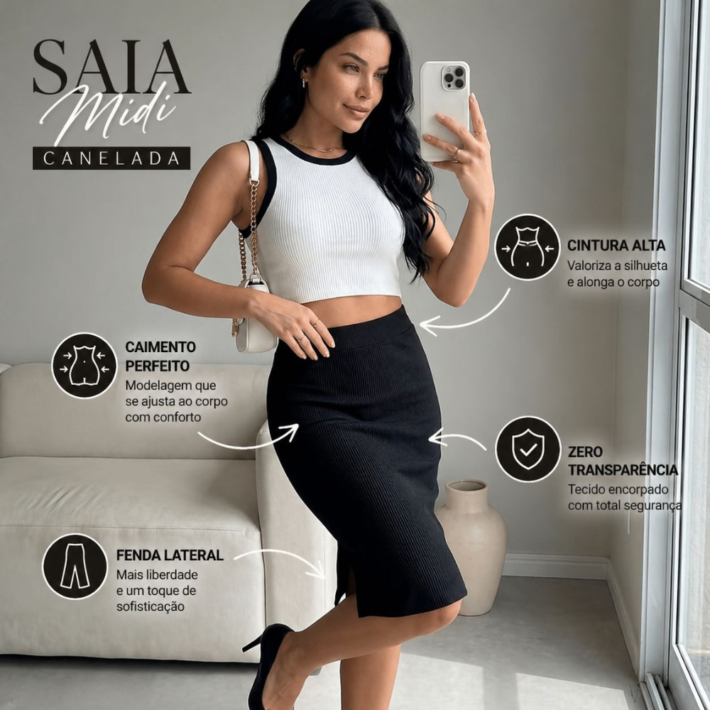Saia Midi Canelada Justa Cintura Alta Feminina Elegante Moda Blogueira Tendência Festa